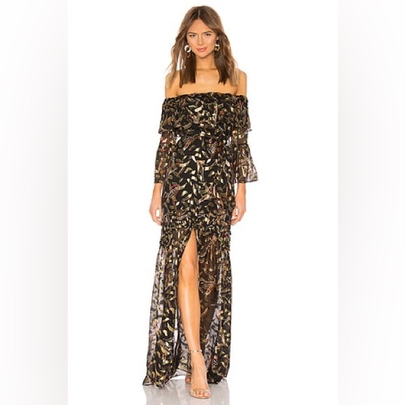 NWT Rachel Zoe Collection Quinn Maxi Dress - Feather Print Gold Fil Coupe Size 2